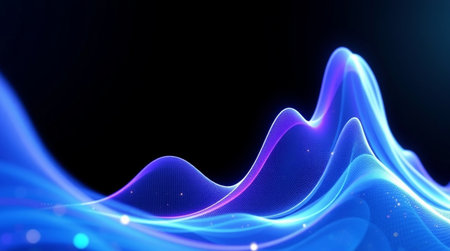 3D illustration of a blue abstract background with a dynamic wave of particlesの写真素材