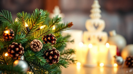 Christmas decoration with burning candles and fir branches on wooden background. Selective focus.の写真素材