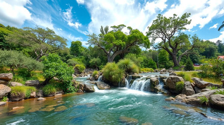 Panoramic view of a waterfall in a tropical forest on a sunny dayの写真素材