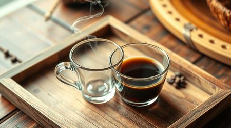 Cups of coffee on wooden tray, closeup. Space for textの写真素材