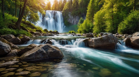 Waterfall in the forest. Waterfall in the mountains. Mountain landscape.の写真素材