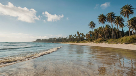 Panoramic view of a beach with palm trees and blue skyの写真素材
