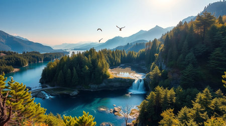 Panoramic view of alpine lake, mountains and birds flying in the skyの写真素材