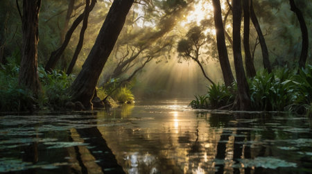 Sunset over the river in the rainforest.の写真素材