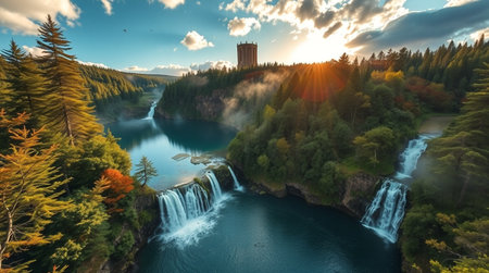 Panoramic aerial view of a stunning waterfall at sunsetの写真素材