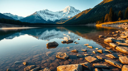 Mountain lake with reflection in the water. The concept of active and photo tourismの写真素材