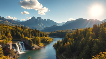Autumn landscape with a panoramic view of mountains and a river.