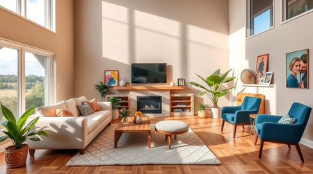 Interior of modern living room with wooden floor, 3d renderの写真素材