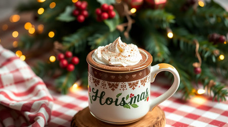 Hot chocolate with whipped cream and christmas decorations on the background.の写真素材
