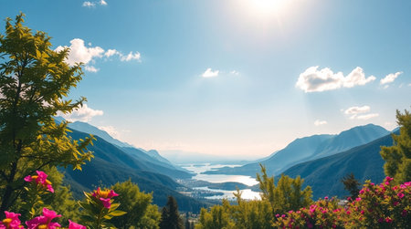 Beautiful alpine landscape with lake and mountains in sunny day.の写真素材