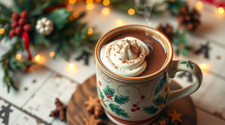Cup of hot chocolate with whipped cream and christmas decoration on wooden backgroundの写真素材