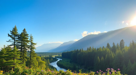 Beautiful mountain landscape with river and coniferous forest at sunset