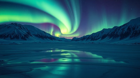 Aurora borealis northern lights over snowy mountains. 3D renderingの写真素材