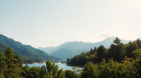 Landscape view of a lake in the mountains. Beautiful nature background.の写真素材