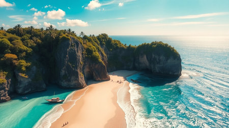 Aerial view of beautiful tropical beach with white sand, turquoise ocean and blue sky with cloudsの写真素材