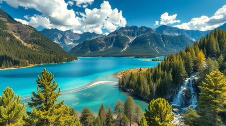 Panoramic view of beautiful turquoise lake and mountains in autumnの写真素材