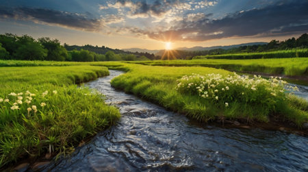 Panorama of rice fields and river at sunset in the countryside.の写真素材