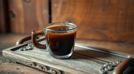 Coffee in a glass cup on a tray on a wooden backgroundの写真素材
