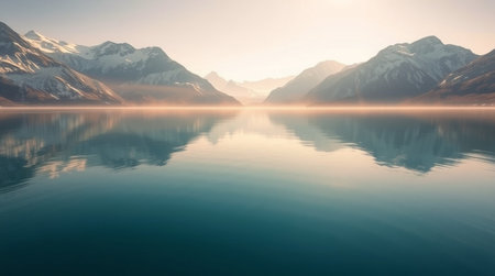 Mountains reflected in the lake at sunrise. Beautiful natural landscape.の写真素材