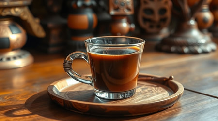 Cup of coffee on wooden table in coffee shop, closeupの写真素材