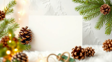 Christmas greeting card mockup with fir tree branches, pine cones and golden lights on white backgroundの写真素材