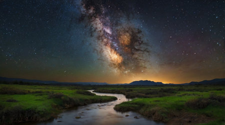 Milky Way over the river at night, panoramic viewの写真素材