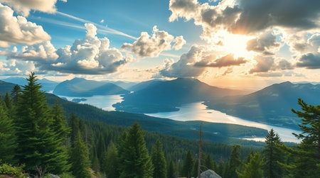 Sunset in the mountains. Panoramic view of Lake Tahoe.の写真素材