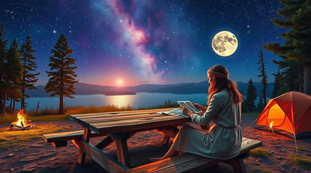 Woman with laptop sitting at table near campfire in the night.の写真素材