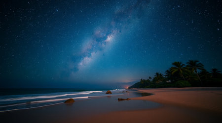 Milky Way over the tropical beach in Sri Lanka. Long exposure