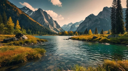 Panoramic view of alpine lake in autumn. Location place Dolomites, South Tyrol, Italy, Europe. Artistic style post processed photo. Beauty world.の写真素材