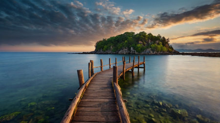 Wooden pier on the sea at sunset, Krabi, Thailandの写真素材