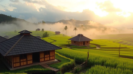 Rice terraces at sunset. Rice fields in the morning.の写真素材