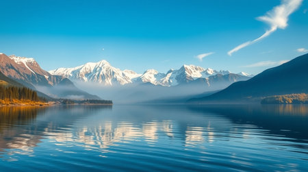 Mountains reflected in the still waters of a lakeの写真素材