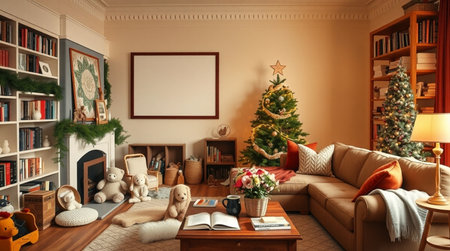 3d render of living room interior with christmas tree and decorationsの写真素材