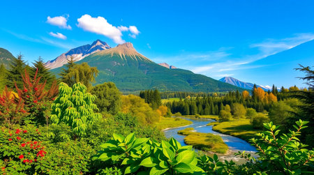 Panoramic view of the mountain range and the river.の写真素材