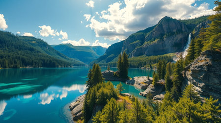 Panoramic view of the turquoise waters of Lake Louiseの写真素材