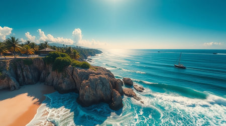 Aerial view of beautiful tropical beach with palm trees and turquoise ocean waterの写真素材