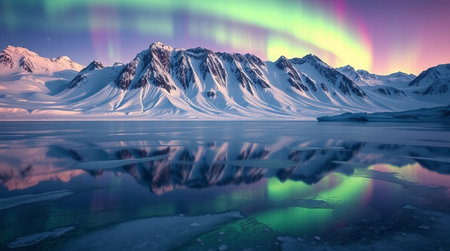 Aurora borealis over snowy mountains and lake. 3d renderingの写真素材