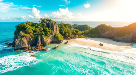 Aerial view of beautiful beach with turquoise water, granite rocks and palm trees at sunny day. Nature backgroundの写真素材