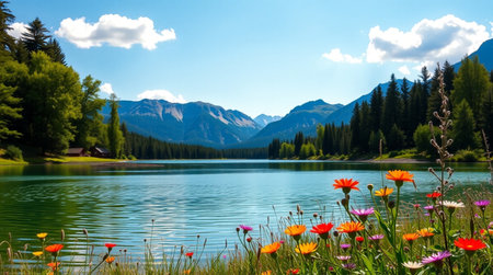 Mountain lake with blooming flowers and blue sky with white cloudsの写真素材