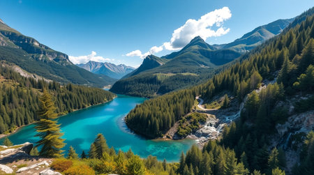 Panoramic view of turquoise emerald lake in the mountainsの写真素材