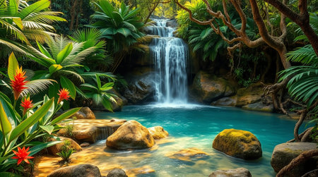 Beautiful waterfall in tropical forest. Panorama of waterfall in tropical forest.の写真素材
