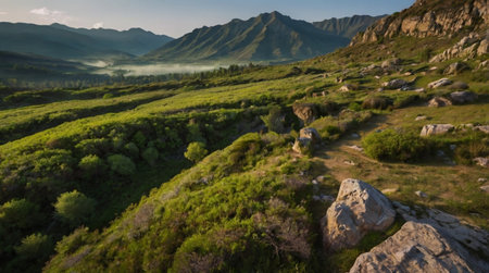 Aerial view of a mountain valley in the morning. Beautiful summer landscape