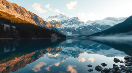 Reflection of mountain in lake, Banff National Park, Canadaの写真素材