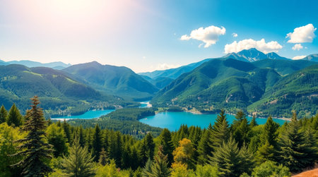 Panoramic view of the lake in the mountains. Summer landscape.の写真素材