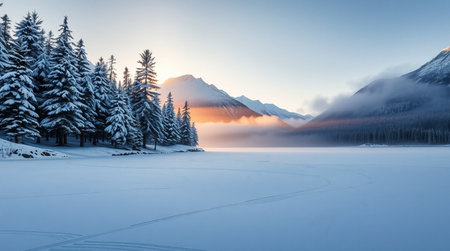 Sunrise over frozen lake in Banff National Park, Alberta, Canadaの写真素材