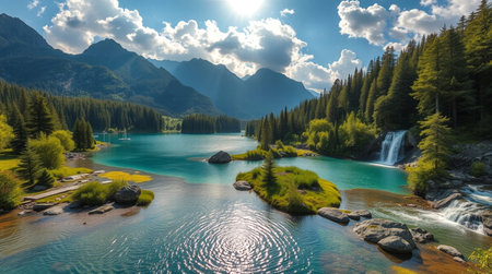 Panoramic view of beautiful alpine lake in the mountains.