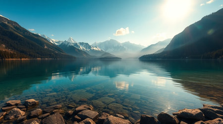 Mountain lake with clear water and reflection of snow-capped mountainsの写真素材