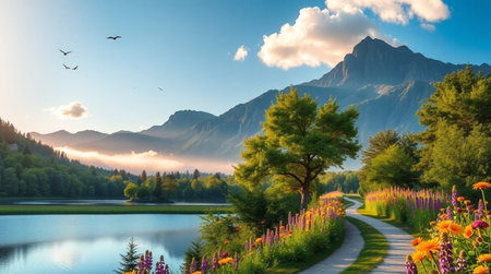 Panoramic view of alpine lake with blooming flowers and mountains on the backgroundの写真素材