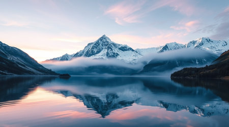 Mountains reflected in the calm water of a lakeの写真素材
